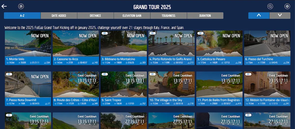 Example of FulGaz routes, above is their 2025 "Grand Tour" Example of FulGaz routes, above is their 2025 "Grand Tour"